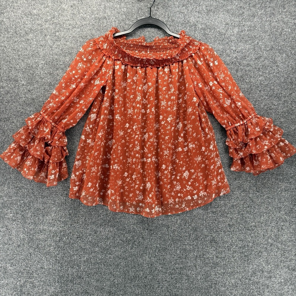 CeCe Top Womens S Rust Floral Off the Shoulder Boho Cottage Prairie Farm Western